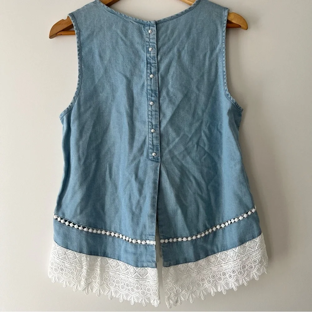 Forever New Blue Denim-like & Lace Top Size 12 - Picture 4 of 7